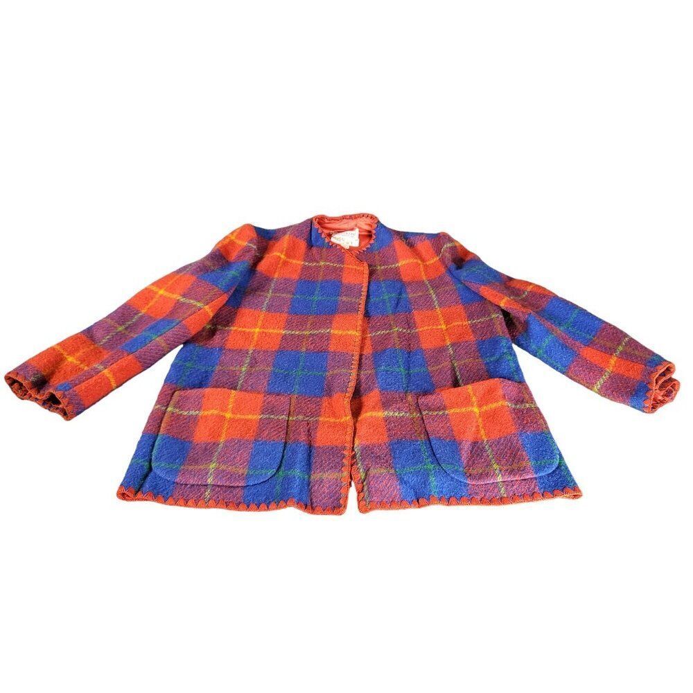 Vintage Diane Dickinson Plaid Wool Jacket Women‎ Sz 12 Red Blue Buttons Workwear